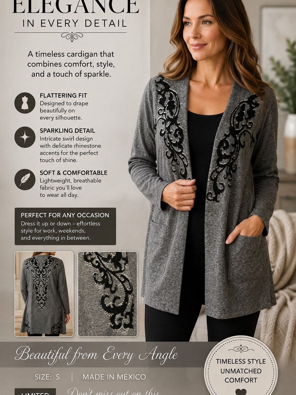Maurices Gray Open-Front Cardigan with Black Rhinestone Swirl Detail